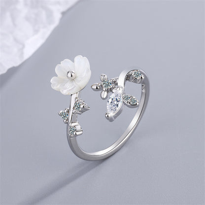 Cubic Zirconia and Shell Silver-Plated Shell Flower Bypass Ring, silver statement rings for women, styled look