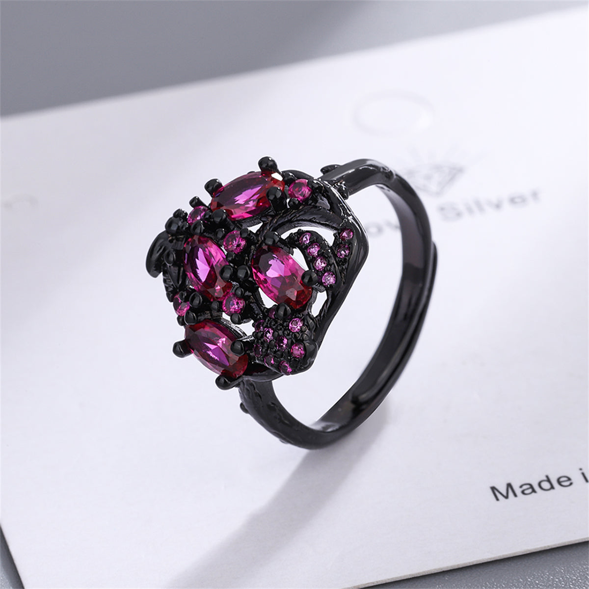 Violet Crystal and Violet Cubic Zirconia Cluster Adjustable Ring, statement rings for women, botanical inspired, styled look