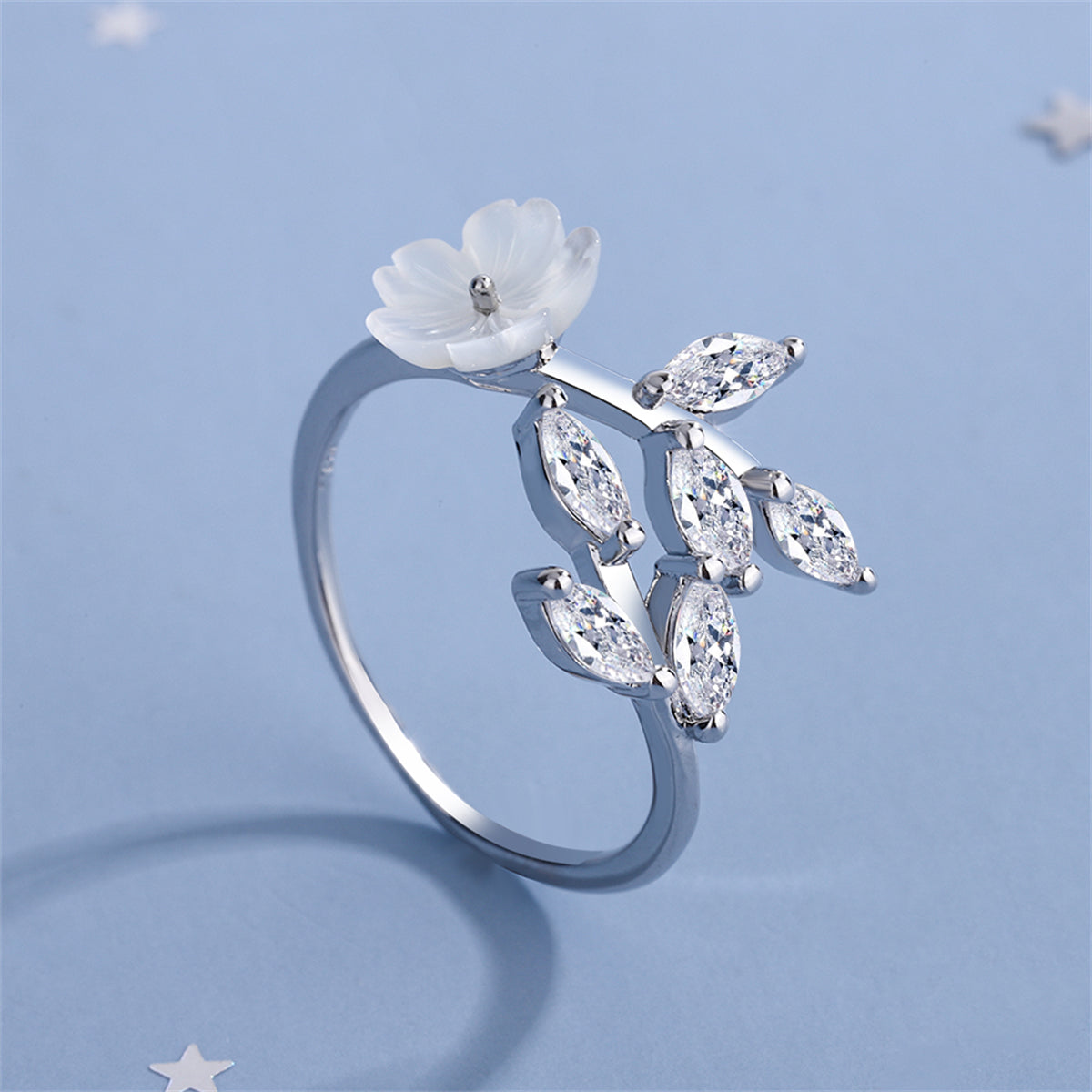 Crystal and Shell Silver-Plated Rattan Flower Bypass Ring, silver statement rings for women, styled look
