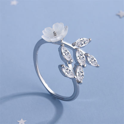 Crystal and Shell Silver-Plated Rattan Flower Bypass Ring, silver statement rings for women, styled look