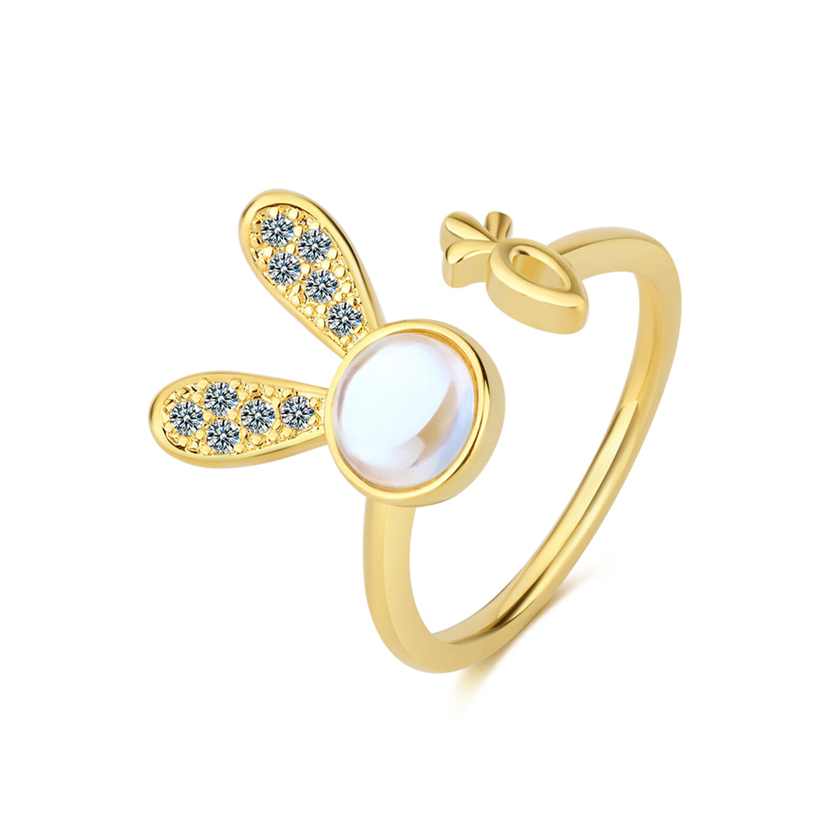 Moonstone and Cubic Zirconia Rabbit Open Ring, statement rings for women, dainty minimalist design, detail close-up