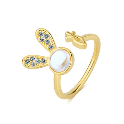 Moonstone and Cubic Zirconia Rabbit Open Ring, statement rings for women, dainty minimalist design, detail close-up