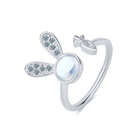 Moonstone and Cubic Zirconia Silver-Plated Rabbit Bypass Ring, silver statement rings for women, front view