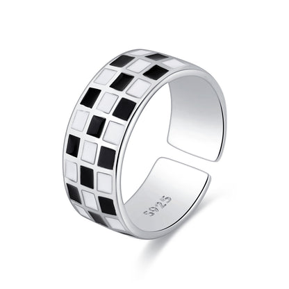 Black Enamel and Silver-Plated Checkerboard Open Band, silver statement rings for women, vintage-inspired design, front view