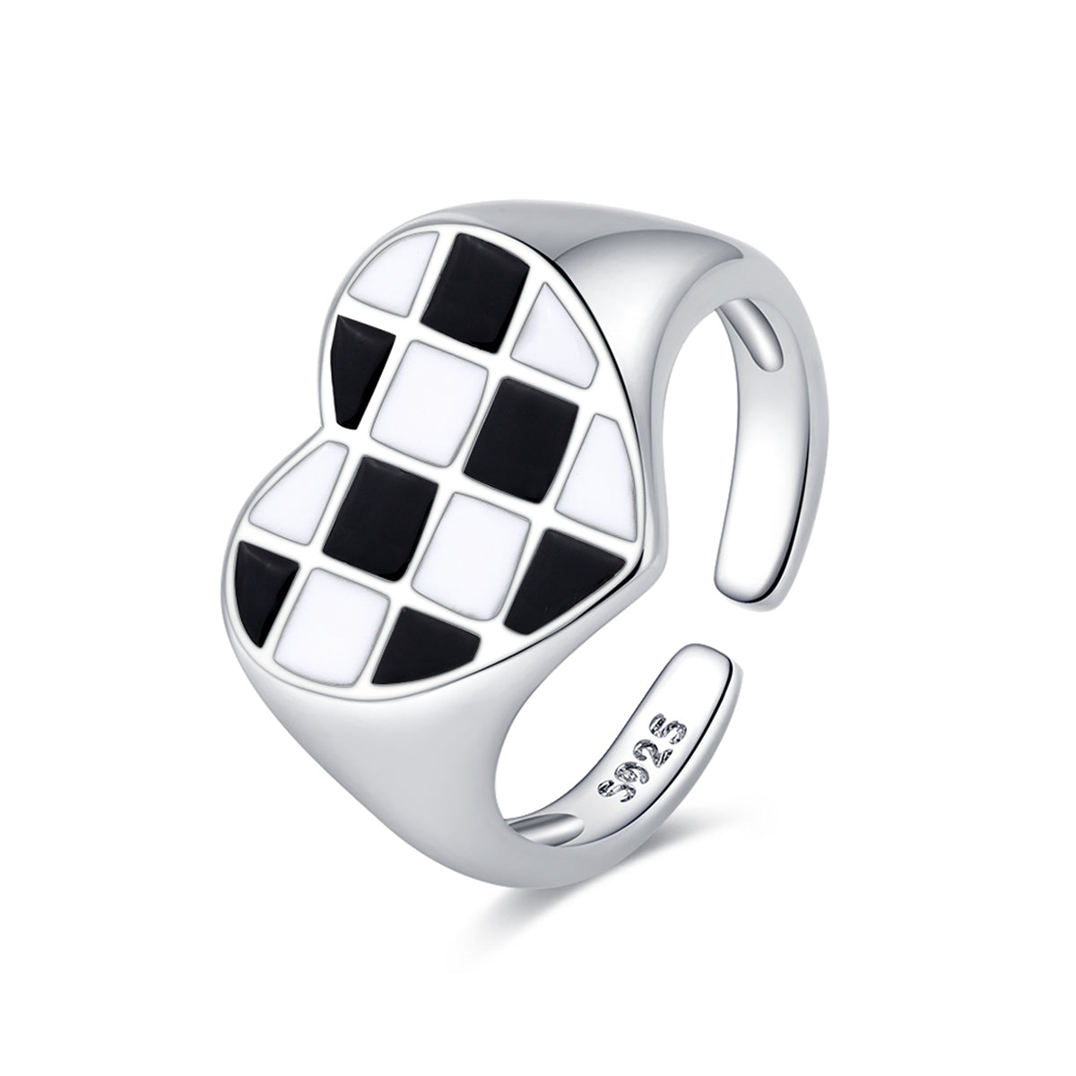Black Enamel and Silver-Plated Checkerboard Heart Open Ring, silver statement rings for women, lifestyle look