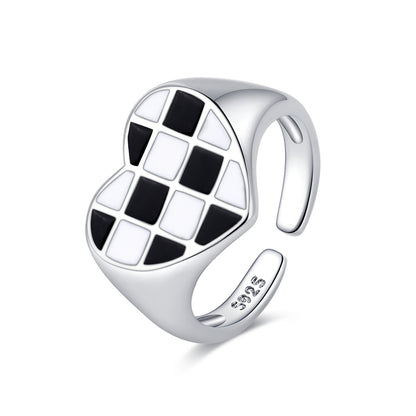Black Enamel and Silver-Plated Checkerboard Heart Open Ring, silver statement rings for women, lifestyle look