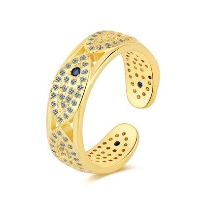 Cubic Zirconia and 18K Gold-Plated Eye Open Band Ring, gold statement rings for women, elegant gift for her, front view