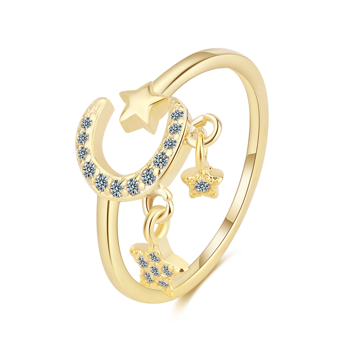 Cubic Zirconia and 18K Gold-Plated Celestial Star Tassel Open Ring, gold statement rings for women, front view