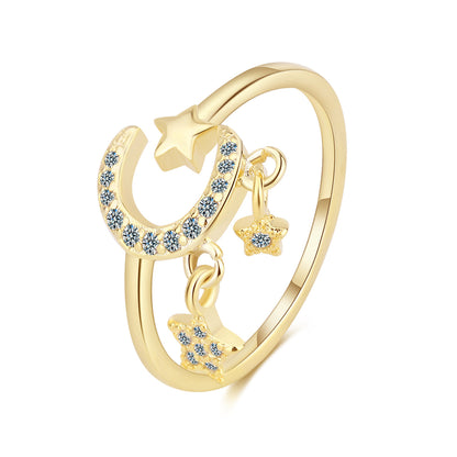 Cubic Zirconia and 18K Gold-Plated Celestial Star Tassel Open Ring, gold statement rings for women, front view