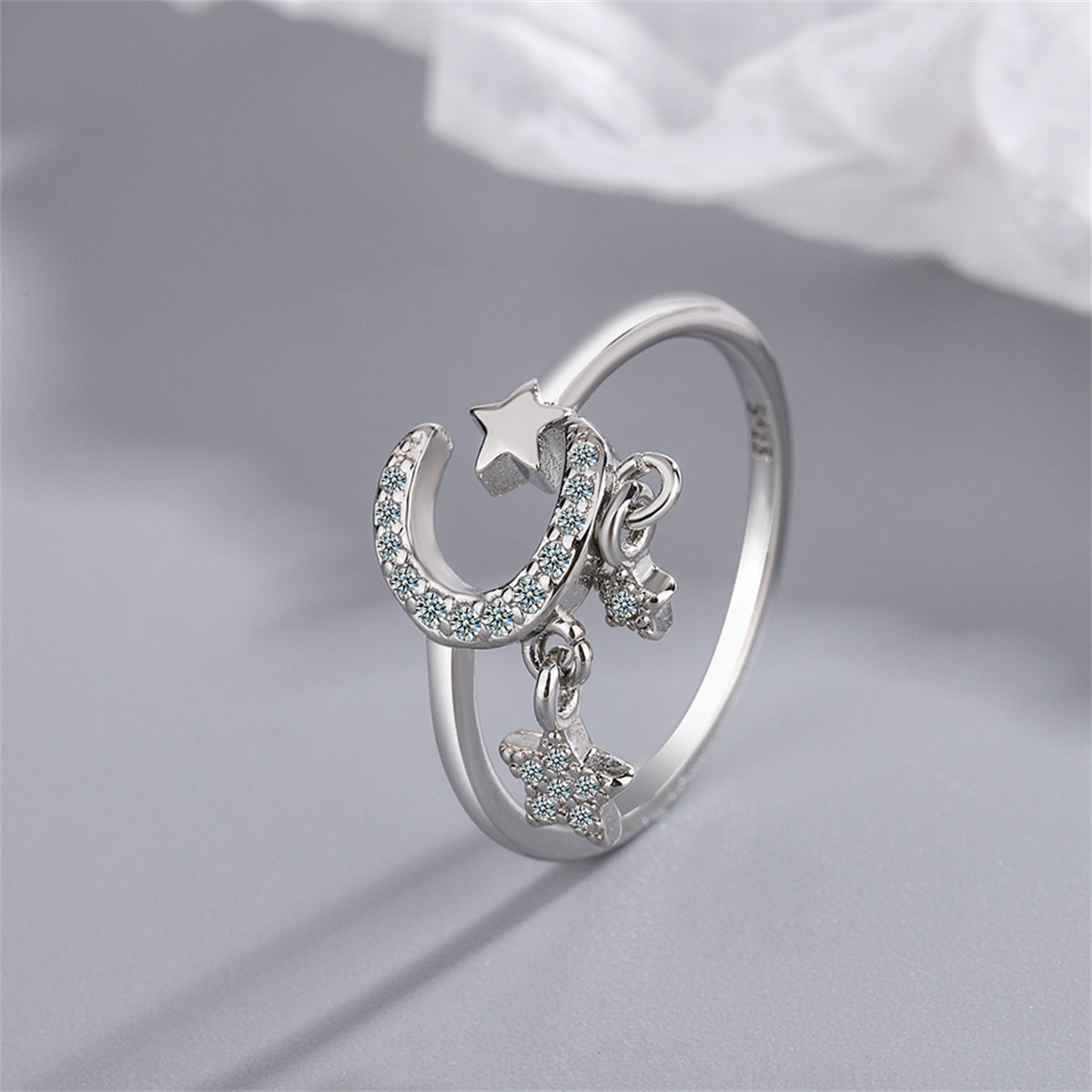 Cubic Zirconia and Silver-Plated Celestial Star Tassel Open Ring, silver statement rings for women, front view