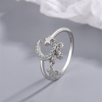 Cubic Zirconia and Silver-Plated Celestial Star Tassel Open Ring, silver statement rings for women, front view