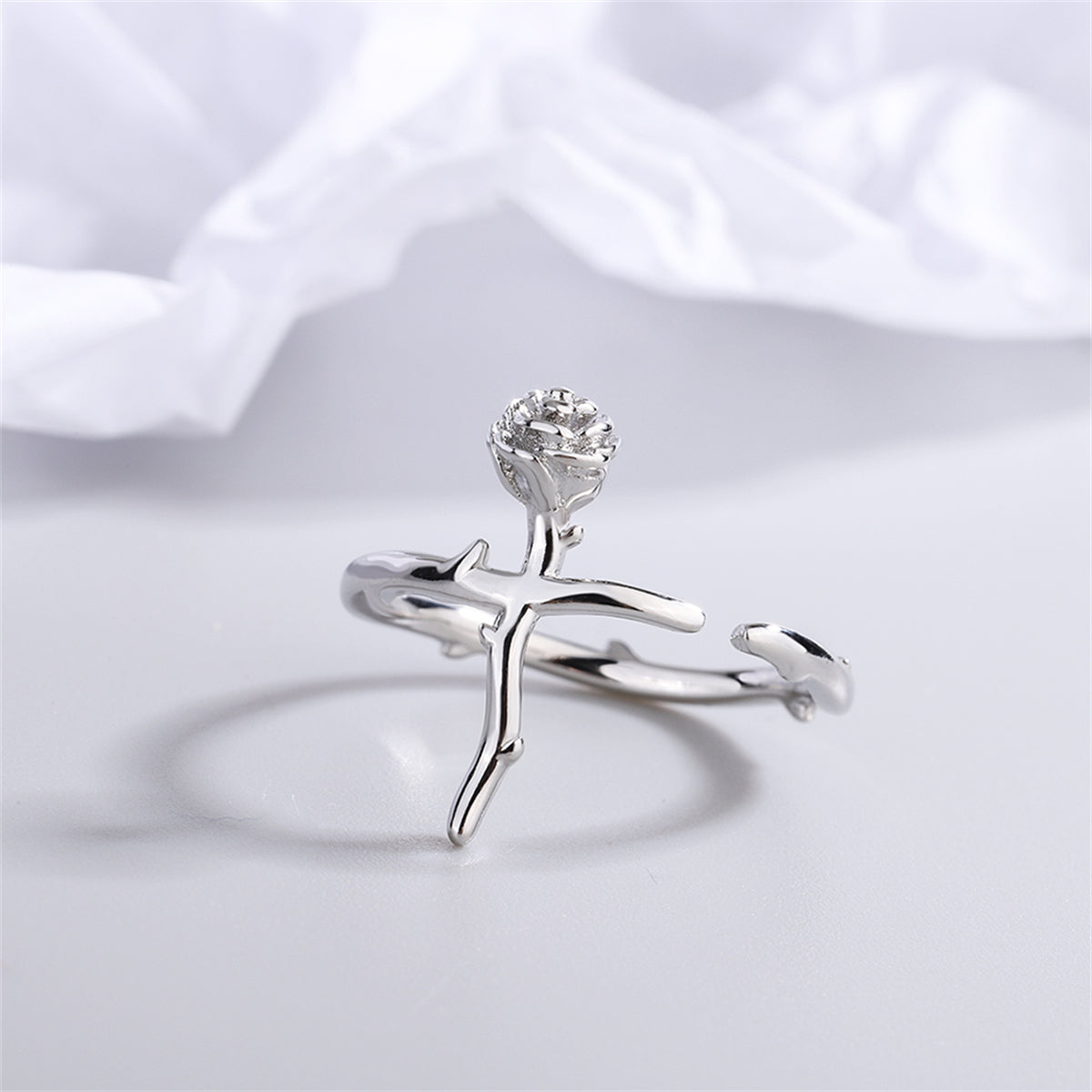 Silver-Plated Rose Open Ring, silver statement rings for women, vintage-inspired design, front view