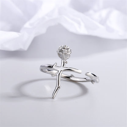Silver-Plated Rose Open Ring, silver statement rings for women, vintage-inspired design, front view
