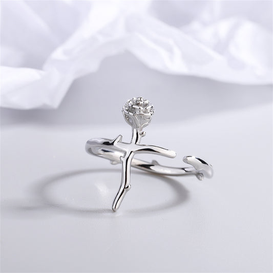 Silver-Plated Rose Open Ring, silver statement rings for women, vintage-inspired design, front view