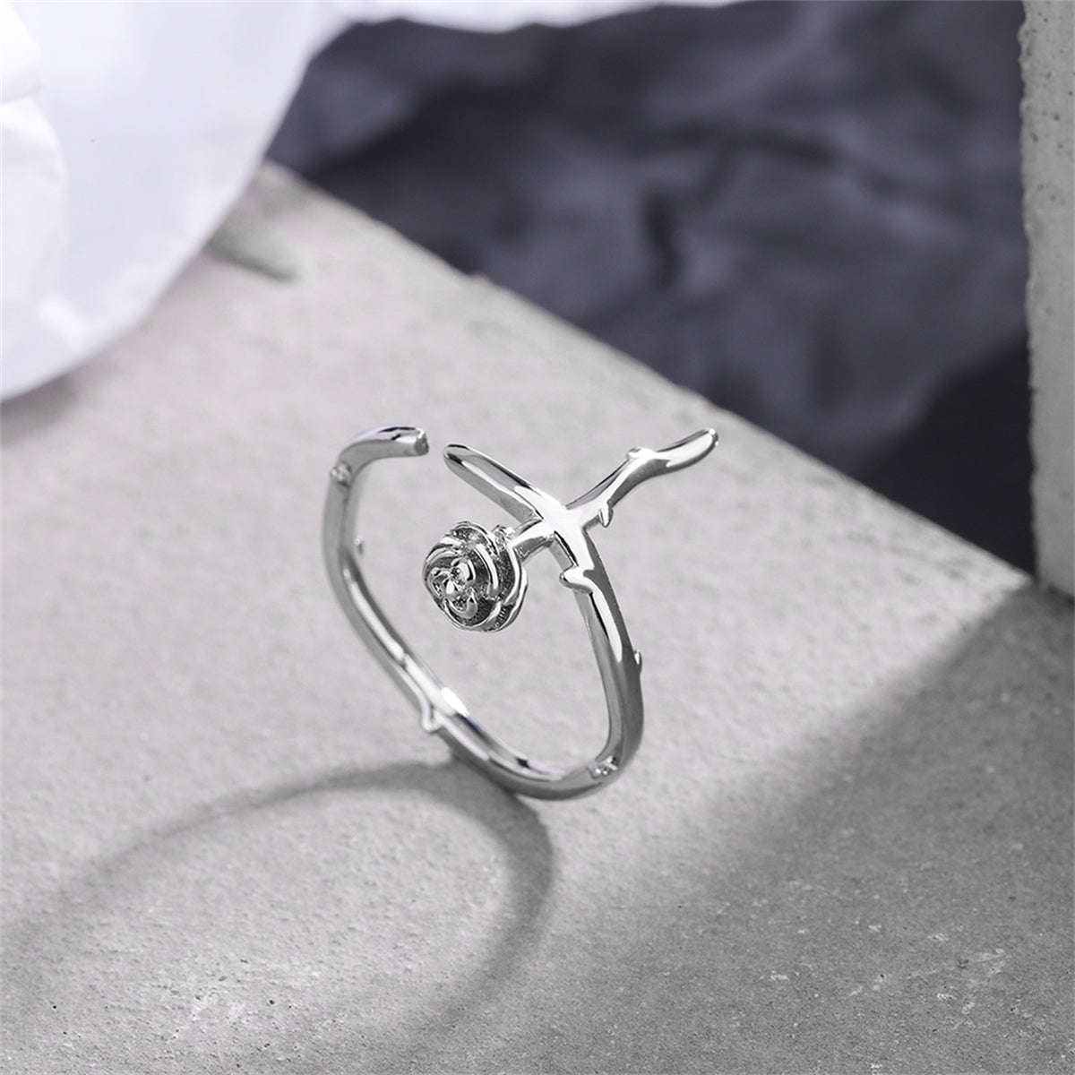 Silver-Plated Rose Open Ring, silver statement rings for women, vintage-inspired design, side view