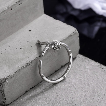 Silver-Plated Rose Open Ring, silver statement rings for women, vintage-inspired design, detail close-up