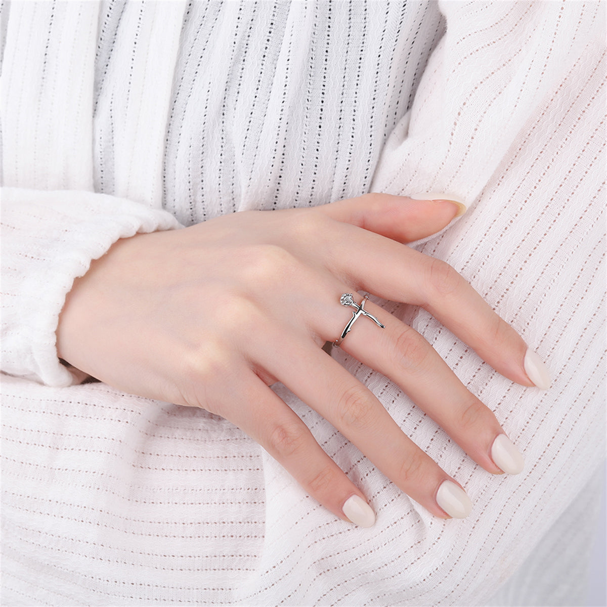Silver-Plated Rose Open Ring, silver statement rings for women, vintage-inspired design, styled look