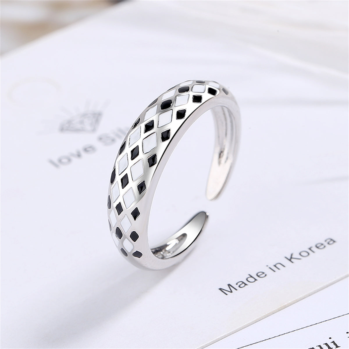 Black Enamel and Silver-Plated Rhombus Open Ring, silver statement rings for women, botanical inspired, front view