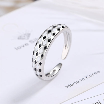 Black Enamel and Silver-Plated Rhombus Open Ring, silver statement rings for women, botanical inspired, front view