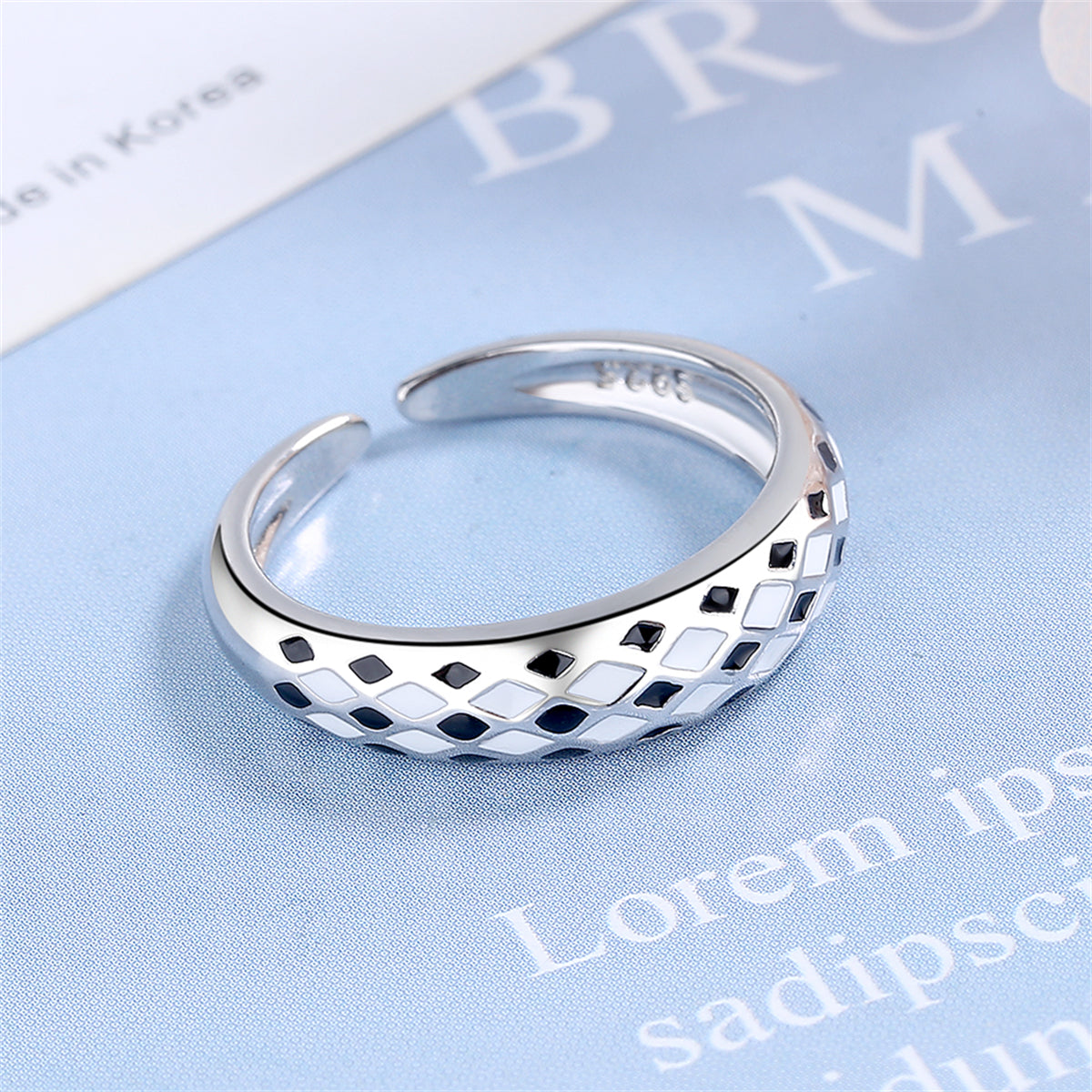 Black Enamel and Silver-Plated Rhombus Open Ring, silver statement rings for women, botanical inspired, side view