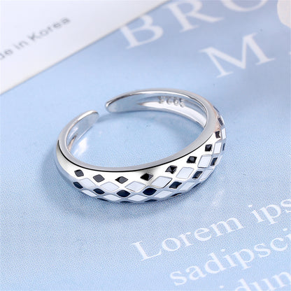 Black Enamel and Silver-Plated Rhombus Open Ring, silver statement rings for women, botanical inspired, side view