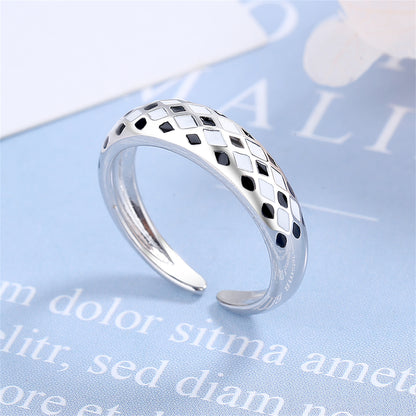 Black Enamel and Silver-Plated Rhombus Open Ring, silver statement rings for women, botanical inspired, detail close-up