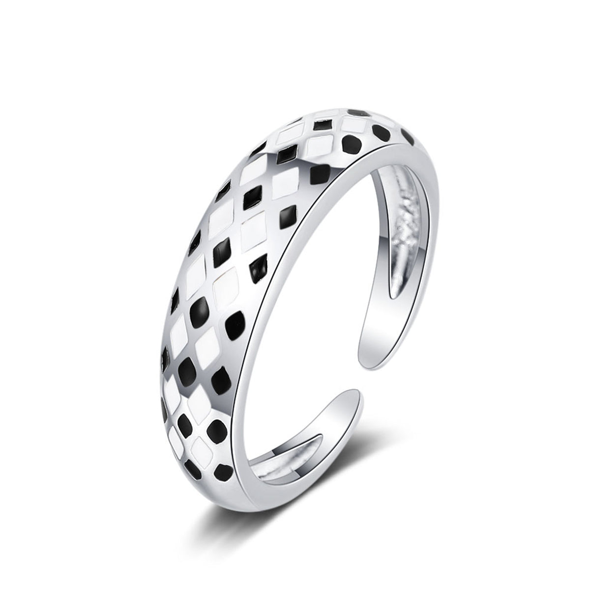 Black Enamel and Silver-Plated Rhombus Open Ring, silver statement rings for women, botanical inspired, lifestyle look