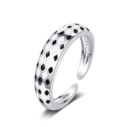Black Enamel and Silver-Plated Rhombus Open Ring, silver statement rings for women, botanical inspired, lifestyle look