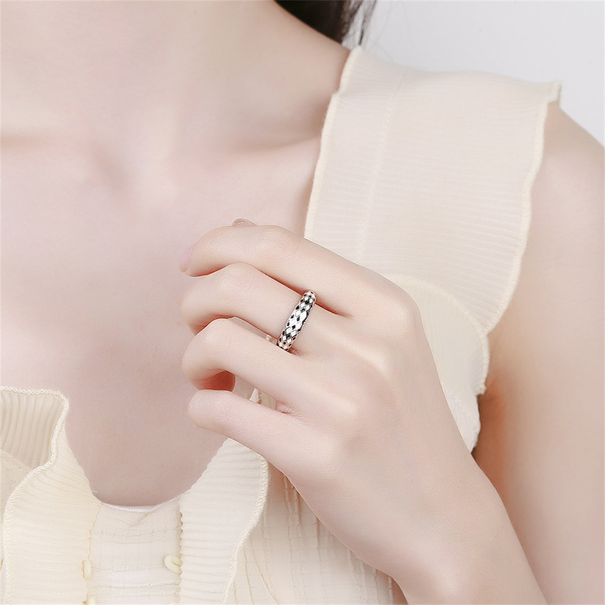 Black Enamel and Silver-Plated Rhombus Open Ring, silver statement rings for women, botanical inspired, styled look