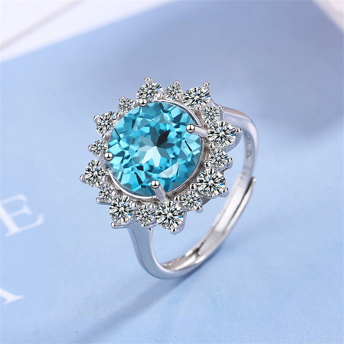 Blue Crystal and Cubic Zirconia Silver-Plated Sun Ring, silver statement rings for women, elegant gift for her, front view