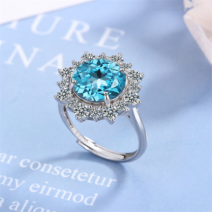 Blue Crystal and Cubic Zirconia Silver-Plated Sun Ring, silver statement rings for women, detail close-up