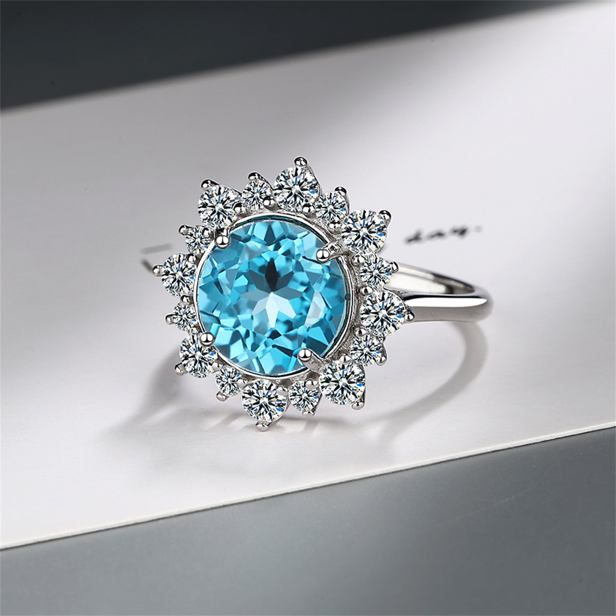 Blue Crystal and Cubic Zirconia Silver-Plated Sun Ring, silver statement rings for women, lifestyle look
