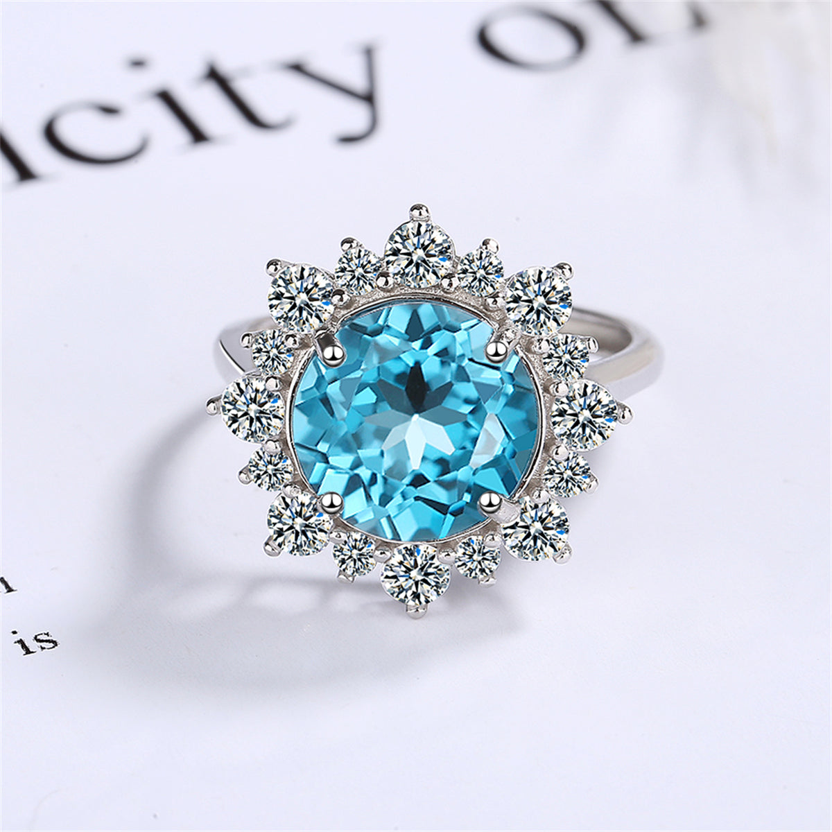 Blue Crystal and Cubic Zirconia Silver-Plated Sun Ring, silver statement rings for women, elegant gift for her, side view