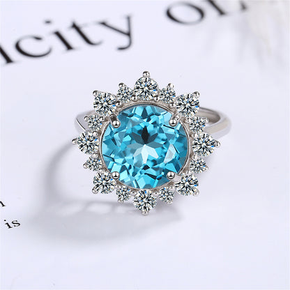 Blue Crystal and Cubic Zirconia Silver-Plated Sun Ring, silver statement rings for women, elegant gift for her, side view