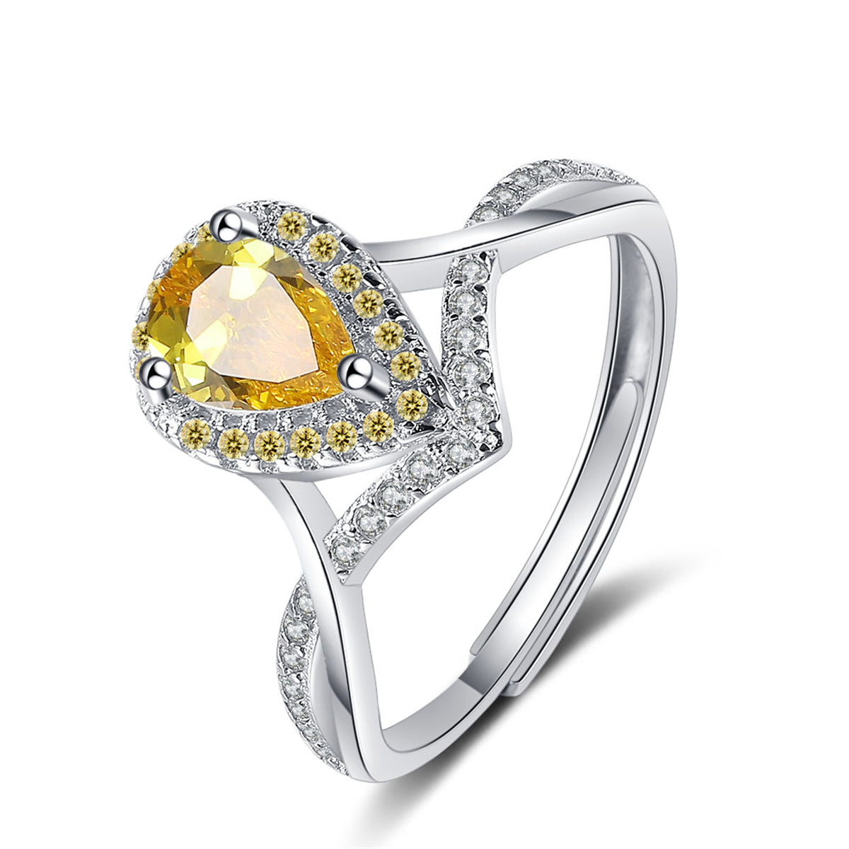 Yellow Crystal and Cubic Zirconia Teardrop Adjustable Ring, statement rings for women, everyday style, front view