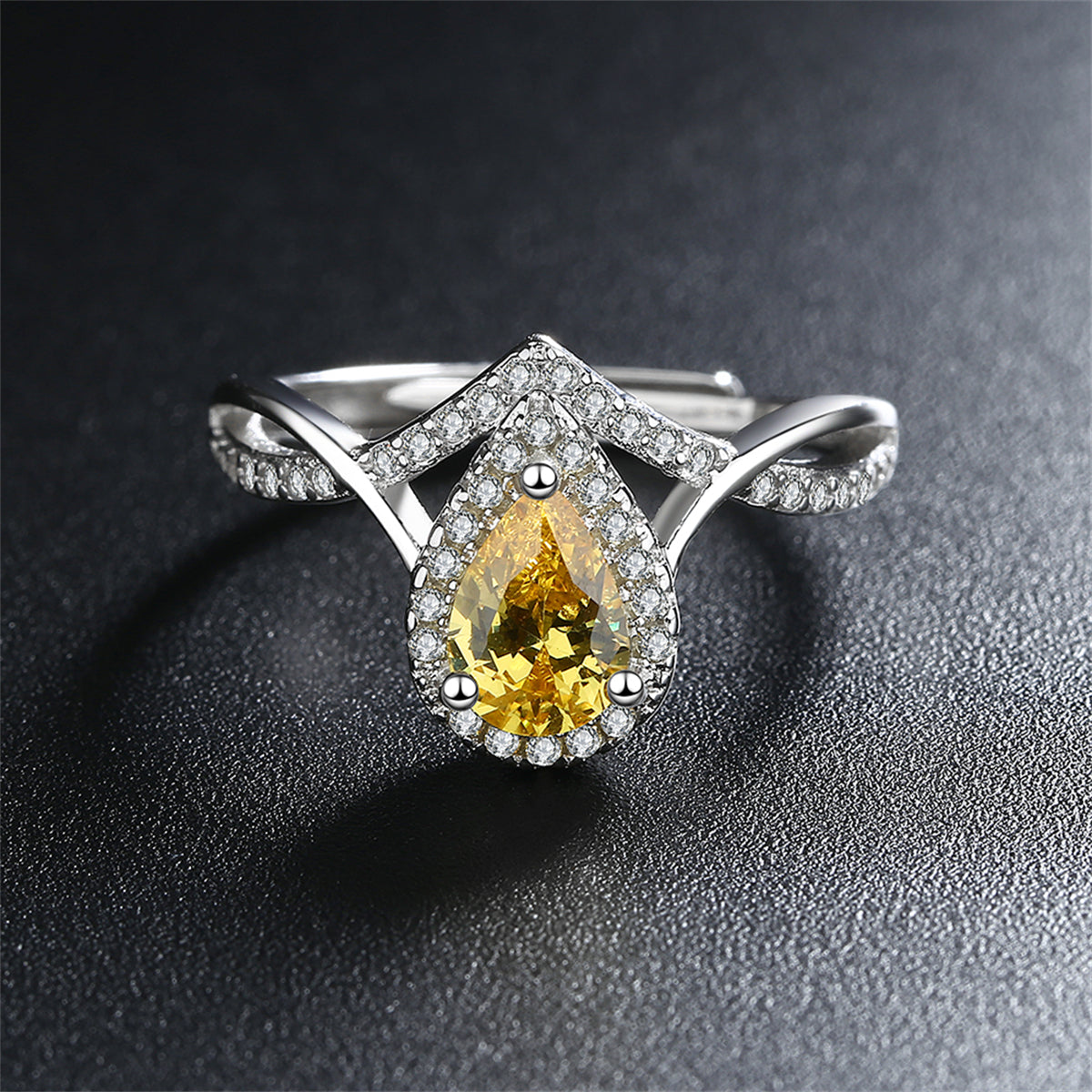Yellow Crystal and Cubic Zirconia Teardrop Adjustable Ring, statement rings for women, everyday style, detail close-up