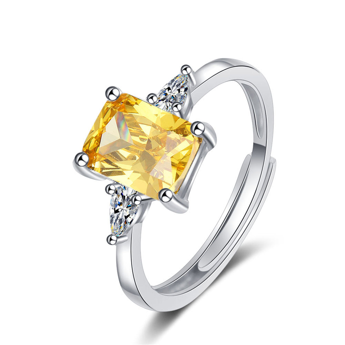 Yellow Crystal and Silver-Plated Rectangle-Cut Adjustable Ring, silver statement rings for women, front view