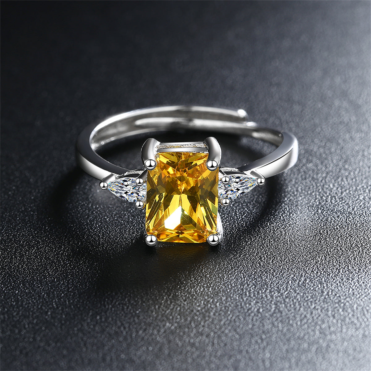 Yellow Crystal and Silver-Plated Rectangle-Cut Adjustable Ring, silver statement rings for women, detail close-up