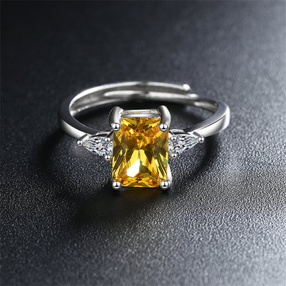 Yellow Crystal and Silver-Plated Rectangle-Cut Adjustable Ring, silver statement rings for women, detail close-up