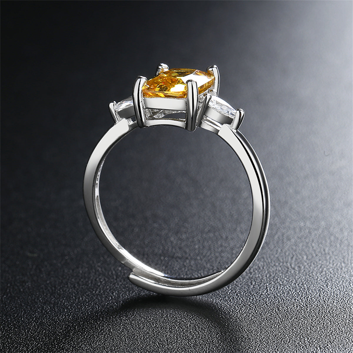 Yellow Crystal and Silver-Plated Rectangle-Cut Adjustable Ring, silver statement rings for women, side view