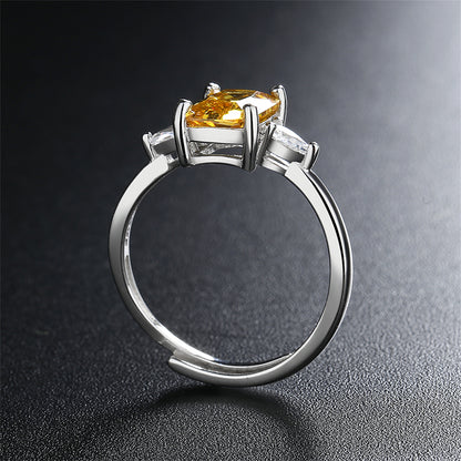 Yellow Crystal and Silver-Plated Rectangle-Cut Adjustable Ring, silver statement rings for women, side view