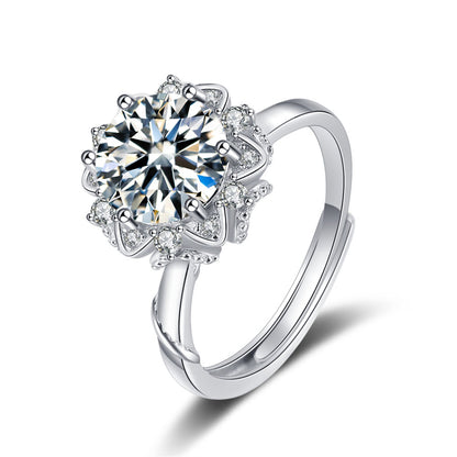 Crystal and Cubic Zirconia Silver-Plated Floral Ring, silver statement rings for women, botanical inspired, front view