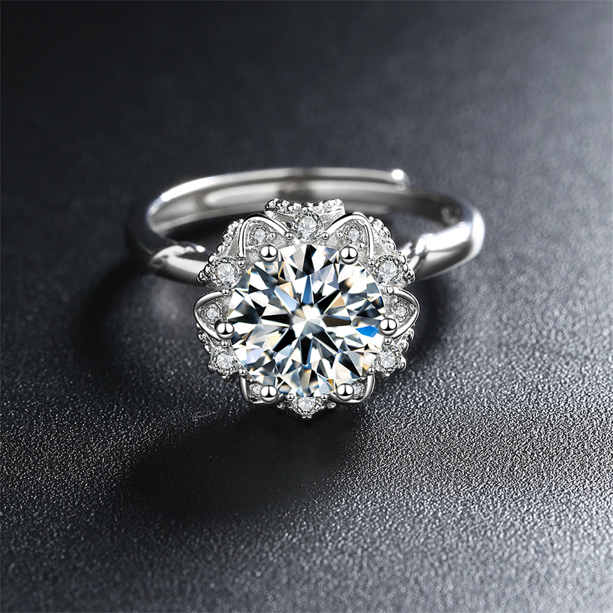 Crystal and Cubic Zirconia Silver-Plated Floral Ring, silver statement rings for women, botanical inspired, detail close-up