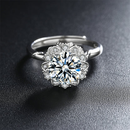 Crystal and Cubic Zirconia Silver-Plated Floral Ring, silver statement rings for women, botanical inspired, detail close-up