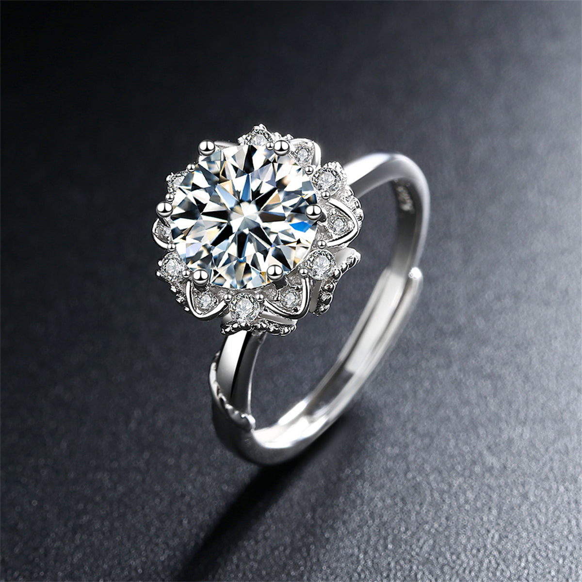 Crystal and Cubic Zirconia Silver-Plated Floral Ring, silver statement rings for women, botanical inspired, side view