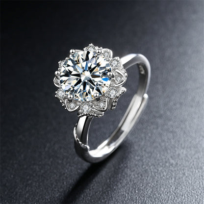 Crystal and Cubic Zirconia Silver-Plated Floral Ring, silver statement rings for women, botanical inspired, side view