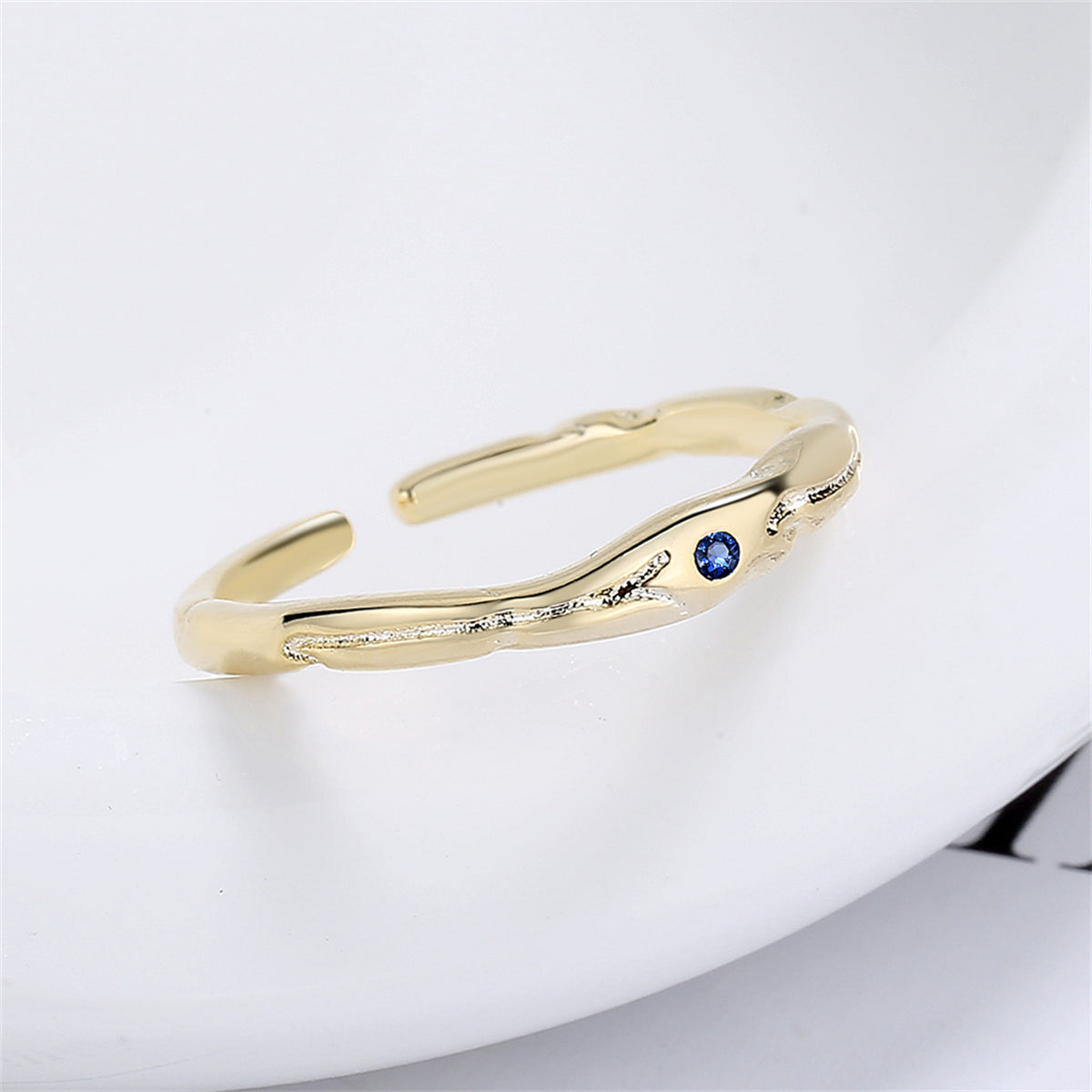 Blue Cubic Zirconia and 18K Gold-Plated Open Ring, gold statement rings for women, botanical inspired, front view