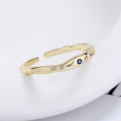 Blue Cubic Zirconia and 18K Gold-Plated Open Ring, gold statement rings for women, botanical inspired, front view