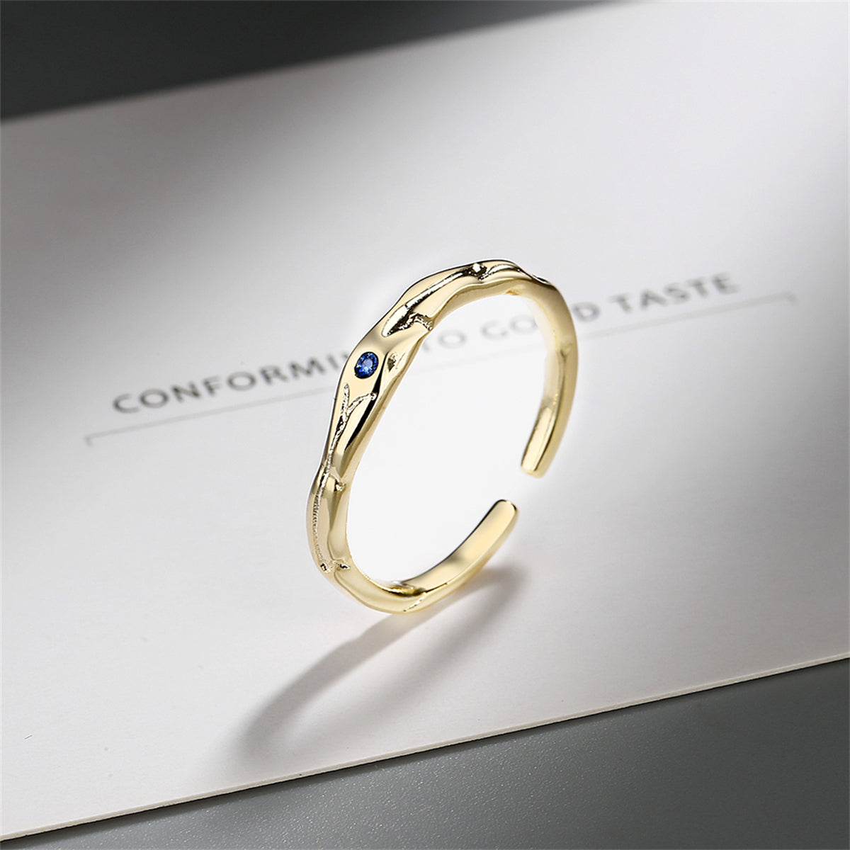Blue Cubic Zirconia and 18K Gold-Plated Open Ring, gold statement rings for women, botanical inspired, side view