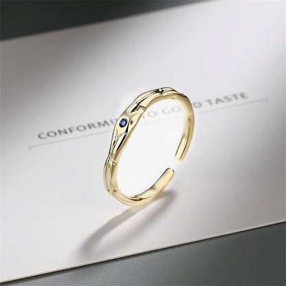 Blue Cubic Zirconia and 18K Gold-Plated Open Ring, gold statement rings for women, botanical inspired, side view